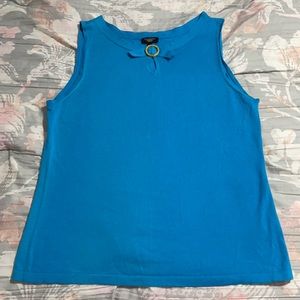 Blue Talbots top with wood detail peephole collar